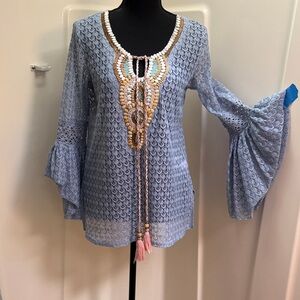 Boho Crochet Bell-Sleeve La Bellum Tunic with Embellished Neckline - Light Blue